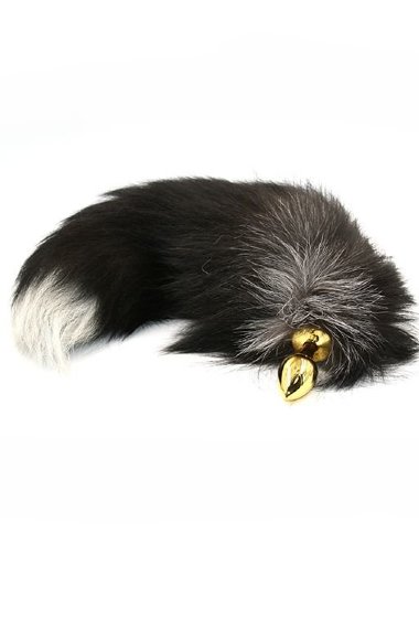 Золотая анальная пробка с хвостом из натурально меха — Твой Каприз