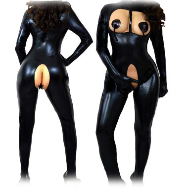 Черный лаковый комбинезон с открытой грудью и промежностью — Твой Каприз
