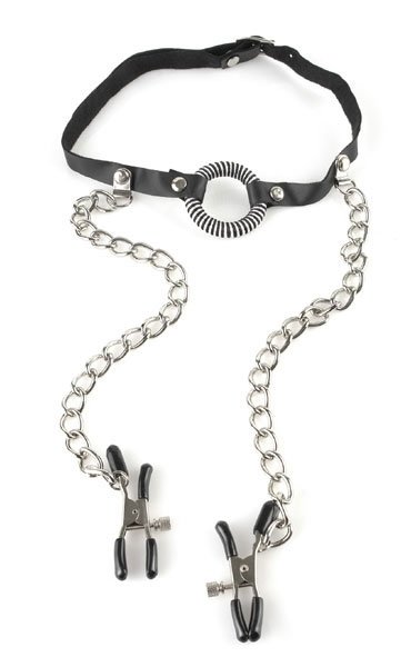 Кляп, соединенный цепочкой с клипсами для сосков — Твой Каприз