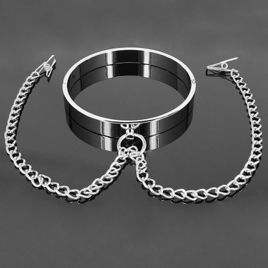 Металлический широкий ошейник с сосковыми прищепками — Твой Каприз