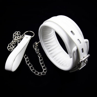 Белый садо-мазо ошейник на металлическом поводке — Твой Каприз