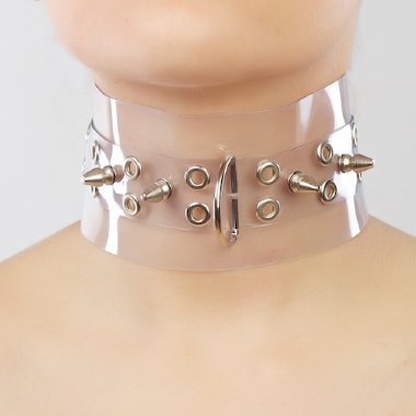 Широкий прозрачный ошейник с шипами из металла — Твой Каприз