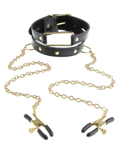 Ошейник Gold Collar and Nipple Clamps с зажимами на соски черный с золотом — Твой Каприз