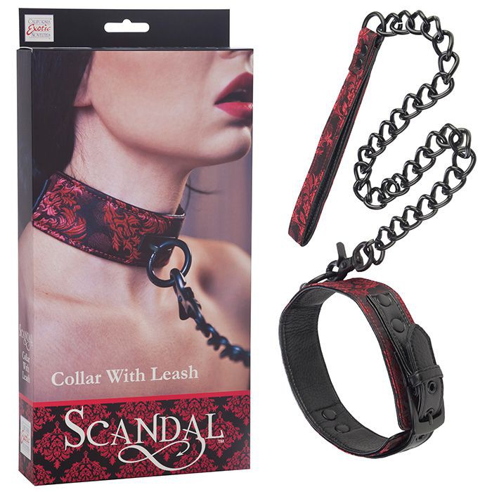 Ошейник с цепью Scandal Collar with Leash атласный черно-красный фото 1 — Твой Каприз