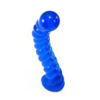 Изогнутый ребристый фаллос из синего стекла — Твой Каприз