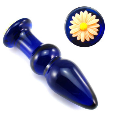 Анальный стимулятор из синего стекла с украшением в виде цветка — Твой Каприз